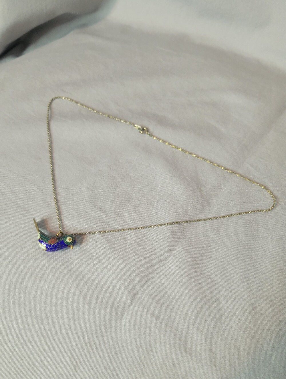 Vintage Enamel Bird Pendant & Gold Toned Necklace